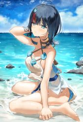Rule 34 | 1girl, bad id, bad pixiv id, bare shoulders, beach, black hair, blue eyes, blue ribbon, blush, breasts, collarbone, dress, fate/grand order, fate/requiem, fate (series), feet, fundoshi, highres, japanese clothes, jewelry, large breasts, legs, looking at viewer, magatama, magatama hair ornament, medium hair, multicolored hair, necklace, ocean, parted lips, pelvic curtain, pink hair, polearm, ran s200, ribbon, seigaiha, short dress, sideboob, sideless outfit, sitting, sleeveless, sleeveless dress, spear, streaked hair, thighs, utsumi erice, wariza, weapon, wet, white dress