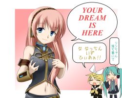 Rule 34 | 3girls, aqua hair, blonde hair, blue eyes, breast envy, grabbing another&#039;s breast, breasts, chibi, chibi inset, english text, female focus, grabbing, hatsune miku, kagamine rin, long hair, megurine luka, midriff, multiple girls, navel, pink hair, regdic, grabbing own breast, solo focus, thighhighs, translation request, twintails, very long hair, vocaloid