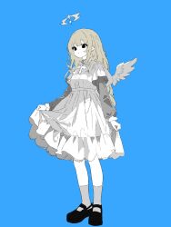 Rule 34 | 1girl, angel wings, black eyes, black footwear, blonde hair, blue background, closed mouth, commentary request, dot mouth, dress, empty eyes, expressionless, feathers, full body, grey socks, halo, highres, long sleeves, mochu (aoishikabane), original, shoes, simple background, socks, solo, standing, white dress, white wings, wings
