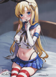 Rule 34 | 1girl, artist name, bed, black hairband, black neckerchief, black panties, blonde hair, blue sailor collar, blue skirt, breasts, breath, cosplay, cowboy shot, crop top, double bun, eckert&amp;eich, elbow gloves, fletcher (kancolle), gloves, hair bun, hairband, highleg, highleg panties, highres, kantai collection, large breasts, long hair, looking at viewer, microskirt, miniskirt, neckerchief, one-hour drawing challenge, panties, pleated skirt, purple eyes, sailor collar, shimakaze (kancolle), shimakaze (kancolle) (cosplay), shirt, sitting, skirt, sleeveless, sleeveless shirt, solo, striped clothes, striped thighhighs, thighhighs, twitter username, underwear, white gloves