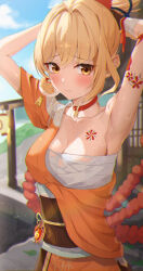 Rule 34 | 1girl, absurdres, arm tattoo, armpits, arms behind head, arms up, bandages, blonde hair, blush, breasts, chest tattoo, choker, cleavage, genshin impact, gloves, hair between eyes, hair ornament, highres, japanese clothes, kimono, large breasts, long hair, looking at viewer, orange kimono, ponytail, red choker, rope, sarashi, solo, sweat, tattoo, wet, yamamoto (ymmt is sexy), yellow eyes, yoimiya (genshin impact)