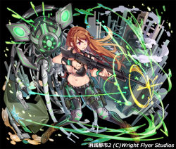 Rule 34 | 1girl, aiming, belt, black background, black bra, boots, bra, breasts, brown hair, copyright request, glowing, grey pants, gun, hair between eyes, holding, holding gun, holding weapon, knee pads, large breasts, legs apart, long hair, midriff, navel, official art, original, pants, parted lips, popqn, pouch, purple eyes, rifle, robot, scope, simple background, sniper rifle, solo, underwear, watermark, weapon, wristband