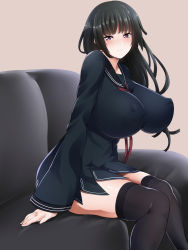 Rule 34 | 10s, 1girl, black bullet, black hair, black thighhighs, breasts, couch, covered erect nipples, highres, huge breasts, impossible clothes, impossible shirt, looking at viewer, perky breasts, purple eyes, shirt, shumichi, skindentation, smile, solo, tendou kisara, thighhighs, thighs