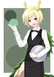 Rule 34 | 1girl, alternate costume, antlers, black bow, black bowtie, black skirt, black vest, blonde hair, border, bow, bowtie, breasts, buttons, collared shirt, commentary request, dragon tail, eyes visible through hair, green background, hair between eyes, hands up, highres, horns, kicchou yachie, long sleeves, looking at viewer, medium breasts, oni tama, open mouth, outside border, puffy long sleeves, puffy sleeves, red eyes, shirt, short hair, skirt, smile, solo, standing, tail, tongue, touhou, tray, turtle shell, vest, white border, white shirt
