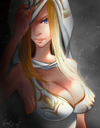 Rule 34 | 1girl, alternate costume, alternate hair color, ashe (league of legends), bad id, bad pixiv id, bare shoulders, blonde hair, blue eyes, breasts, cleavage, freljord ashe, krys, large breasts, league of legends, long hair, parted lips, solo