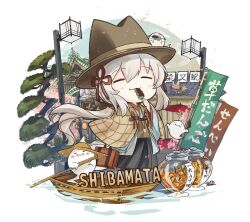 Rule 34 | 1girl, :t, animal, black skirt, blush, boat, brown capelet, brown hat, building, capelet, cat, chibi, closed eyes, closed mouth, commentary request, dango, eating, facing viewer, food, ghost, grey hair, hair between eyes, hat, highres, holding, holding food, japanese clothes, kimono, long hair, long sleeves, low ponytail, oil-paper umbrella, original, petals, pleated skirt, ponytail, red umbrella, sanamisa, skirt, solo, suitcase, umbrella, very long hair, wagashi, watercraft, white background, white kimono, wide sleeves