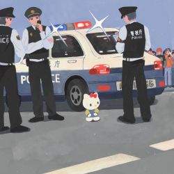 Rule 34 | 1girl, 6+boys, arrest, bad id, bad twitter id, black eyes, bow, car, cat, cuffs, handcuffs, hello kitty, hello kitty (character), highres, looking to the side, motor vehicle, multiple boys, police, police car, red bow, sanrio, woshihuyi