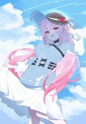 Rule 34 | 1girl, alternate costume, blue sky, blush, breasts, clothes lift, cloud, contrail, cowboy shot, dress, dress lift, gleam, hat, highres, hololive, hololive english, large breasts, long hair, looking at viewer, mori calliope, open mouth, pink eyes, pink hair, sky, sun hat, very long hair, virtual youtuber, white dress, white nails, yufu