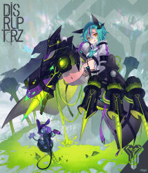 1girl ass ayappe_taicho floating full_body green_hair hair_between_eyes hair_ornament helena_(phantom_of_the_kill) licking_lips microskirt midriff official_alternate_costume official_art orange_eyes phantom_of_the_kill robot second-party_source skirt sleeves_past_fingers sleeves_past_wrists thighhighs thighs tongue tongue_out