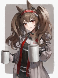 Rule 34 | 1girl, :d, angelina (arknights), animal ear fluff, animal ears, arknights, black shirt, black shorts, blouse, blush, border, brown eyes, brown hair, coat, coffee, coffee cup, collar, cowboy shot, cup, disposable cup, fox ears, gloves, grey background, hairband, highres, holding, holding cup, infection monitor (arknights), jacket, long hair, long sleeves, looking at viewer, nekoreito, open clothes, open coat, open jacket, open mouth, outside border, red hairband, red jacket, shirt, shorts, sidelocks, simple background, smile, solo, steam, twintails, two-tone hairband, unzipped, white border, white coat, white gloves