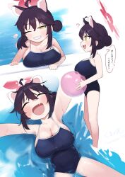 1girl :d ? ^_^ animal_ears armpits ball bare_shoulders beachball black_hair blue_archive blue_one-piece_swimsuit blush breasts cleavage closed_eyes commentary_request fang grin hair_bun halo highres holding holding_ball holding_beachball kaede_(blue_archive) kumanomi large_breasts looking_at_viewer multiple_views one-piece_swimsuit open_mouth single_hair_bun skin_fang smile swimsuit translation_request wet yellow_eyes