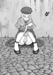 Rule 34 | 1girl, absurdres, blush, capelet, censored, closed mouth, crossed arms, dodomesu, dress, female focus, female pubic hair, full body, greyscale, happy, hat, highres, long hair, long sleeves, looking down, monochrome, mosaic censoring, mouse (animal), nose blush, original, outdoors, panties, panty pull, pubic hair, pussy, shoes, smile, solo, squatting, sweat, underwear
