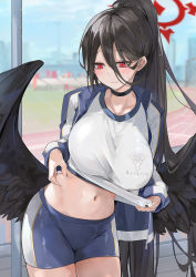 Rule 34 | 1girl, belly grab, bike shorts, black choker, black hair, black nails, black wings, blue archive, blush, breasts, choker, clothes lift, dema hmw, field, halo, hasumi (blue archive), hasumi (track) (blue archive), highres, jacket, large breasts, long hair, mole, mole under eye, nail polish, navel, official alternate costume, outdoors, pinching, ponytail, shirt, shirt lift, stomach, sweatdrop, track and field, track jacket, very long hair, wings