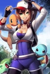 Rule 34 | 10s, 1girl, adjusting clothes, adjusting headwear, baseball cap, breasts, brown hair, bulbasaur, charmander, cloud, creatures (company), day, female protagonist (pokemon go), fingerless gloves, flame-tipped tail, game freak, gen 1 pokemon, gloves, green eyes, grin, hand on headwear, hat, long hair, looking at viewer, medium breasts, nintendo, pokemon, pokemon (creature), pokemon go, ponytail, scottie (phantom2), sky, smile, squirtle, starter pokemon trio, tree