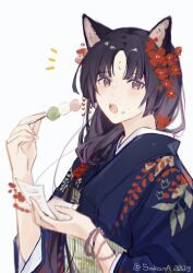 Rule 34 | 1girl, animal ears, arknights, black hair, black kimono, brown eyes, commentary request, dango, dog ears, facial mark, flower, food, food on face, forehead mark, hair flower, hair ornament, hair over shoulder, highres, holding, holding food, japanese clothes, kimono, long hair, long sleeves, looking at viewer, notice lines, open mouth, red flower, saga (arknights), sanshoku dango, simple background, solo, twitter username, upper body, very long hair, wagashi, white background, woyebuzhidaoxiesha