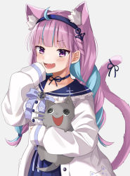 Rule 34 | 1girl, animal ear fluff, animal ears, bad id, bad pixiv id, blue hair, blush, bow, braid, braided ponytail, cat, cat ears, fang, frilled shirt collar, frills, hairband, hand on own face, highres, holding, hololive, jacket, minato aqua, minato aqua (sailor), moonbell, multicolored hair, open mouth, purple hair, simple background, smile, solo, tail, virtual youtuber, white jacket