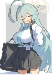Rule 34 | 1girl, ^ ^, ahoge, aqua necktie, bandaid, bandaid on leg, black gloves, black skirt, blue archive, blush, breasts, chest harness, closed eyes, cropped legs, gloves, halo, harness, highres, huge ahoge, id card, large breasts, long hair, necktie, plaid, plaid skirt, pleated skirt, shirt, shirt tucked in, simple background, skirt, smile, solo, tetenka, twitter username, two-tone background, very long hair, white shirt, yume (blue archive)