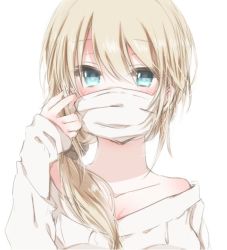 Rule 34 | 1girl, bare shoulders, blonde hair, blue eyes, hiro (hirohiro31), long hair, mask, mouth mask, original, simple background, solo, surgical mask, white background