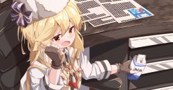 Rule 34 | 1girl, absurdres, blonde hair, blush, brown gloves, chair, commentary request, desk, drinking straw, fingerless gloves, fur hat, girls&#039; frontline, gloves, hair between eyes, hat, highres, holding, jacket, long hair, long sleeves, matsuo (matuonoie), milk carton, nagant revolver (girls&#039; frontline), office chair, on chair, open mouth, red eyes, shirt, sitting, solo, swivel chair, upper body, white hat, white jacket, white shirt