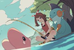 Rule 34 | 1girl, bare arms, bike shorts, blush, bow hairband, brown hair, closed mouth, cloud, collarbone, commentary request, creatures (company), day, fanny pack, fishing, fishing rod, from below, game freak, gen 3 pokemon, hairband, hari611, highres, holding, holding fishing rod, indian style, looking at viewer, luvdisc, marshtomp, may (pokemon), medium hair, nintendo, outdoors, pokemon, pokemon (creature), pokemon oras, red hairband, red shirt, shirt, shoes, shorts, sitting, sky, sleeveless, sleeveless shirt, smile, tree, water
