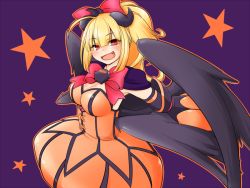 Rule 34 | 1girl, blonde hair, breasts, cleavage, cosmic break, dress, fang, large breasts, orange dress, pepo pucchi, red eyes, red ribbon, ribbon, solo, wings