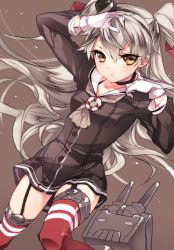 Rule 34 | 1girl, amatsukaze (kancolle), breasts, brown background, brown dress, dress, garter straps, gloves, grey hair, grey neckwear, hair between eyes, hair tubes, innertube, kantai collection, long hair, long sleeves, red thighhighs, rensouhou-kun, sailor collar, sailor dress, simple background, small breasts, solo, striped clothes, striped thighhighs, swim ring, tane juu-gou, thighhighs, two side up, white gloves, yellow eyes