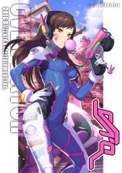 Rule 34 | 1girl, armor, artist name, bodysuit, boots, bracer, breasts, brown eyes, brown hair, blowing bubbles, chewing gum, cowboy shot, d.va (overwatch), facepaint, facial mark, finger on trigger, gloves, gun, hand up, headphones, highres, holding, holding gun, holding weapon, kotatsu (g-rough), long hair, long sleeves, medium breasts, overwatch, overwatch 1, pauldrons, petals, pilot suit, ribbed bodysuit, shoulder armor, shoulder pads, skin tight, solo, thigh boots, thigh strap, thighhighs, turtleneck, watermark, weapon, whisker markings, white footwear, white gloves