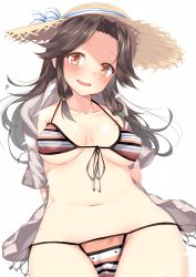 Rule 34 | 10s, 1girl, alternate costume, arms behind back, bikini, blush, breasts, brown hair, collarbone, covered erect nipples, front-tie top, green ribbon, hair ribbon, hat, highres, hood, hooded track jacket, jacket, jintsuu (kancolle), kantai collection, looking at viewer, medium breasts, multicolored bikini, multicolored clothes, navel, nebusoku, ribbon, side-tie bikini bottom, sidelocks, simple background, solo, stomach, straw hat, striped bikini, striped clothes, swimsuit, track jacket, tress ribbon, underboob, upper body, white background, yellow eyes