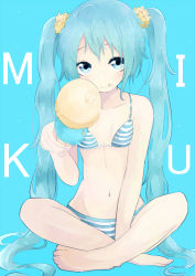 Rule 34 | 1girl, :q, aqua eyes, aqua hair, bad id, bad pixiv id, barefoot, bikini, blush, character name, flower, food, food on face, hair flower, hair ornament, hatsune miku, ice cream, indian style, kuroru (ro96 ), long hair, looking at viewer, navel, sitting, smile, solo, striped bikini, striped clothes, swimsuit, tongue, tongue out, twintails, very long hair, vocaloid