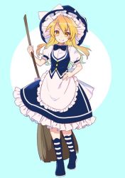 Rule 34 | 1girl, apron, bad id, bad twitter id, black dress, black footwear, blonde hair, boots, bow, braid, broom, dress, dress shirt, eyebrows, frilled skirt, frilled sleeves, frills, full body, hand on own hip, hat, hat bow, holding, holding broom, kirisame marisa, knee boots, long hair, looking at viewer, petticoat, puffy short sleeves, puffy sleeves, sash, shirt, short sleeves, skirt, skirt set, smile, solo, tori (otori), touhou, twitter username, vest, waist apron, white shirt, witch, witch hat, yellow eyes