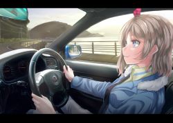 Rule 34 | 1girl, absurdres, artist name, artist request, blue eyes, blue jacket, blush, bow, breasts, bush, car, car interior, commentary, driving, female focus, fur trim, grey hair, hair bow, highres, highway, jacket, letterboxed, light brown hair, long hair, looking at viewer, love live!, love live! school idol festival, love live! sunshine!!, medium breasts, mirror, motor vehicle, mountain, nanao (m44132yf), ocean, outdoors, pants, pink bow, pole, railing, right-hand drive, seatbelt, short hair, side-view mirror, sidewalk, sitting, smile, solo, speedometer, steering wheel, striped, striped bow, subaru, subaru (brand), subaru impreza, subaru legacy, sunset, tree, vehicle interior, watanabe you, white pants
