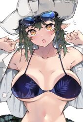 Rule 34 | 1girl, against fourth wall, arknights, bikini, blue-tinted eyewear, blue bikini, breast press, breasts, collarbone, crocodilian tail, gavial (arknights), gavial the invincible (arknights), gavial the invincible (holiday) (arknights), green hair, hat, highres, kyuu (plastic night q), large breasts, long hair, looking at viewer, navel, octagonal eyewear, official alternate costume, open mouth, pointy ears, simple background, solo, sunglasses, swimsuit, tail, tinted eyewear, tricorne, white background, white hat, yellow eyes