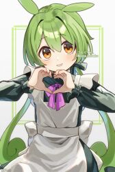 Rule 34 | 1girl, alternate costume, alternate hairstyle, apron, artist name, black dress, cone huraku, dress, enmaided, green hair, hair between eyes, hair intakes, hands up, heart, heart hands, long sleeves, looking at viewer, low twintails, maid, neck ribbon, orange eyes, outside border, parted lips, purple ribbon, ribbon, smile, solo, twintails, twitter username, upper body, voiceroid, voicevox, watermark, white apron, white background, zundamon