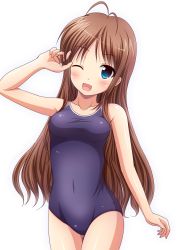 Rule 34 | 1girl, ;d, bad id, blue eyes, blush, breasts, brown hair, covered navel, highres, ki (kk-sk-ray), long hair, looking at viewer, one-piece swimsuit, one eye closed, open mouth, original, school swimsuit, simple background, small breasts, smile, solo, swimsuit, very long hair, white background, wink