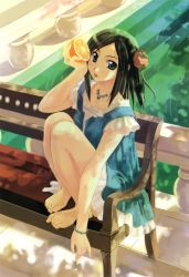 Rule 34 | 1girl, :p, absurdres, barefoot, bench, black hair, bracelet, feet, feet on chair, food, fruit, girl&#039;s avenue, green eyes, highres, holding, holding food, holding fruit, jewelry, looking at viewer, megami magazine, naruse chisato, orange (fruit), short hair, sitting, solo, toes, tongue, tongue out, tree shade