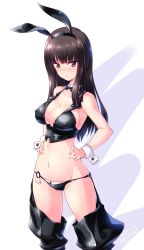 Rule 34 | 1girl, absurdres, adapted costume, animal ears, bikini, black bikini, black bow, black bowtie, black footwear, blunt bangs, blush, boots, bow, bowtie, breasts, brown eyes, brown hair, cleavage, closed mouth, collar, covered navel, cowboy shot, crop top, dated, detached collar, fake animal ears, frown, garter straps, girls und panzer, groin, hands on own hips, highres, kuzuryuu kennosuke, large breasts, leotard, long hair, looking at viewer, mature female, navel, nishizumi shiho, playboy bunny, rabbit ears, simple background, solo, standing, straight hair, swimsuit, thigh boots, thighhighs, twitter username, white background, white collar, wrist cuffs
