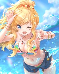 Rule 34 | 1girl, ;d, absurdres, bare shoulders, bikini, bikini under clothes, blonde hair, blue eyes, blush, bracelet, breasts, collarbone, commentary request, day, denim, denim shorts, highres, idolmaster, idolmaster cinderella girls, idolmaster cinderella girls starlight stage, jewelry, large breasts, long hair, looking at viewer, multicolored bikini, multicolored clothes, nail polish, navel, ohtsuki yui, one eye closed, open fly, open mouth, outdoors, ponytail, short shorts, shorts, side-tie bikini bottom, simoumi 217, smile, solo, stomach, striped bikini, striped clothes, swimsuit
