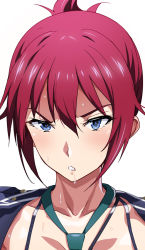 Rule 34 | 10s, 1girl, blue eyes, blush, collarbone, folded ponytail, open clothes, portrait, rail wars!, red hair, sakurai aoi, saliva, shino (comic penguin club), short hair, simple background, solo, sweat, tears, updo, upper body, white background