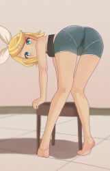 Rule 34 | 1girl, aruman, ass, bad id, bad pixiv id, barefoot, bent over, black tank top, blonde hair, blue eyes, blue shorts, bow, brown background, commentary, crop top, from behind, full body, hair bow, hair ornament, hair ribbon, hairclip, highres, kagamine rin, leaning on object, looking at viewer, ribbon, short shorts, shorts, smile, soles, solo, stool, swept bangs, tank top, vocaloid, white ribbon