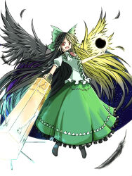 Rule 34 | 1girl, arm cannon, bird wings, black hair, black sun, black wings, bow, cape, center frills, collared shirt, commentary request, control rod, feathers, flat chest, frilled shirt collar, frilled skirt, frills, full body, garakuta, green bow, green skirt, grey cape, hair bow, long hair, looking at viewer, open mouth, print cape, puffy short sleeves, puffy sleeves, red eyes, reiuji utsuho, shirt, short sleeves, simple background, skirt, smile, solo, starry sky print, sun, third eye, touhou, very long hair, weapon, white background, white shirt, wings