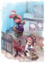 Rule 34 | 1boy, 1girl, :d, ankle boots, aqua footwear, bike shorts, black shorts, blue shirt, blunt bangs, boots, brown eyes, brown footwear, chain-link fence, checkered clothes, checkered shirt, collared shirt, dark skin, e-liter 3k (splatoon), echolocator (splatoon), facing away, fang, fence, grass, grey shirt, gun, headphones, holding, holding gun, holding weapon, industrial pipe, ink, inkling, inkling boy, inkling girl, inkling player character, long sleeves, looking back, necktie, nintendo, on one knee, open mouth, outdoors, pink hair, pointy ears, poster (object), purple necktie, purple vest, rifle, shirt, shoes, shorts, smile, sniper rifle, soto, splatoon (series), sploosh-o-matic (splatoon), tentacle hair, thick eyebrows, twintails, vest, weapon, wing collar, yellow eyes
