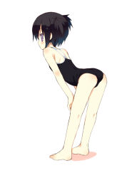 Rule 34 | 1girl, ass, barefoot, bent over, black hair, competition school swimsuit, feet, flat chest, full body, looking back, meito (maze), one-piece swimsuit, original, purple eyes, school swimsuit, short hair, solo, standing, swimsuit, toes, twintails