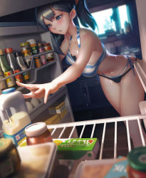 Rule 34 | 10s, 1girl, bare arms, bare shoulders, bikini, black hair, blue eyes, blush, bo xun lin, bottle, collarbone, egg, female focus, food, gridman universe, highres, jar, leaning forward, multiple eggs, outstretched arm, parted lips, ponytail, reaching, refrigerator, side-tie bikini bottom, solo, ssss.gridman, standing, striped bikini, striped clothes, sweat, swimsuit, takarada rikka, translation request, wooden floor