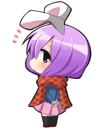 Rule 34 | 1girl, :&lt;, animal ears, arms behind back, rabbit ears, deformed, looking back, purple hair, red eyes, reisen udongein inaba, scarf, solo, thighhighs, touhou, twumi, white background
