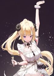 Rule 34 | 1girl, absurdres, animal ears, arm up, belt, bizarre (bizarre64637036), blonde hair, blush, collar, detached collar, dress, hair ornament, hairpin, highres, holding, holding microphone, hololive, horns, long hair, looking at viewer, microphone, official alternate costume, ponytail, purple eyes, sheep ears, sheep girl, sheep horns, smile, solo, tsunomaki watame, tsunomaki watame (watame night fever!!), virtual youtuber, white belt, white collar, white dress