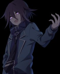 Rule 34 | 1boy, :d, alternate costume, black background, black necktie, commentary request, cosplay, danganronpa (series), danganronpa v3: killing harmony, ensemble stars!, glowing, glowing eyes, green jacket, hair between eyes, hand up, jacket, long sleeves, looking at viewer, male focus, necktie, oma kokichi, open clothes, open jacket, open mouth, pale skin, purple eyes, qiao xing, scarf, short hair, simple background, smile, solo, striped necktie, striped neckwear, tsukinaga leo, tsukinaga leo (cosplay), upper body