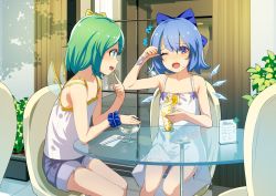 Rule 34 | 2girls, alternate costume, bare arms, bare shoulders, blue bow, blue eyes, blue hair, blush, bow, brain freeze, cirno, commentary request, commission, cream, cream on face, daiyousei, dessert, dress, eating, finger to mouth, flat chest, food, food on face, glass, green hair, hair bow, holding, holding spoon, ice, ice cream, ice wings, indoors, looking at another, multiple girls, one eye closed, open mouth, outdoors, parfait, plant, potted plant, ribbon, round table, scrunchie, short hair, shorts, sitting, skeb commission, smile, sody, spoon, table, touhou, whipped cream, wings, wrist scrunchie