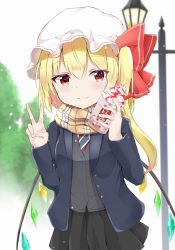 Rule 34 | 1girl, absurdres, alternate costume, arms up, black skirt, blazer, blonde hair, blue jacket, blurry, blurry background, blush, commentary, commentary request, cowboy shot, cup, day, depth of field, disposable cup, drinking straw, flandre scarlet, hair between eyes, hat, hat ribbon, highres, holding, holding cup, iyo (ya na kanji), jacket, lamppost, looking at viewer, mob cap, necktie, one side up, open clothes, open jacket, outdoors, plaid, plaid scarf, pleated skirt, red eyes, ribbon, scarf, school uniform, short hair, skirt, smile, solo, standing, striped necktie, striped neckwear, sweater vest, symbol-only commentary, touhou, tree, v, whipped cream, white hat, wings