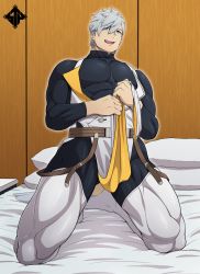 Rule 34 | 1boy, bara, bed, black bodysuit, blue eyes, blush, bodysuit, boots, covered abs, fate/grand order, fate (series), highres, holding hands, knee boots, kneeling, large pectorals, looking at viewer, male focus, muscular, muscular male, on bed, open mouth, pectorals, percival (fate), pillow, short hair, smile, solo, standplay, textless version, thick thighs, thighs, white hair