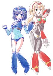 Rule 34 | 2girls, absurdres, adapted costume, android, arm behind head, arm cannon, bare shoulders, black hair, blonde hair, blush, bodysuit, breasts, capcom, covered navel, full body, genderswap, genderswap (mtf), gloves, green eyes, hairband, headgear, highres, knees together feet apart, kosei (nick miko), long hair, medium breasts, mega man (series), x (mega man), mega man x (series), multiple girls, navel, open mouth, ponytail, short hair, simple background, sketch, small breasts, smile, spandex, weapon, white background, white gloves, zero (mega man)